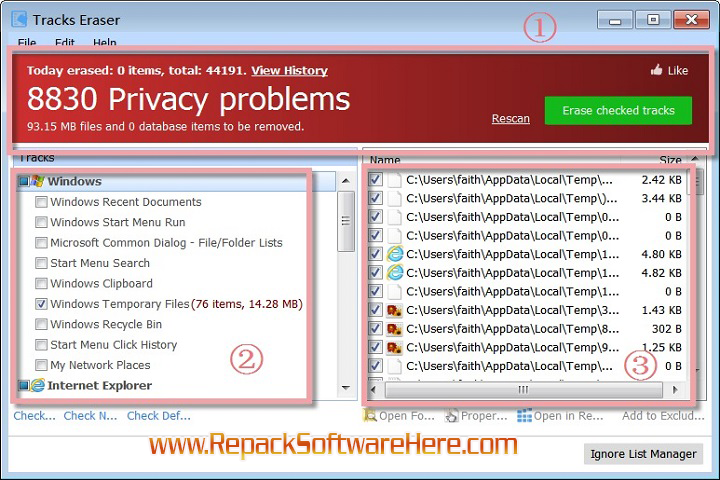 Glary Tracks Eraser Interface Screenshot
