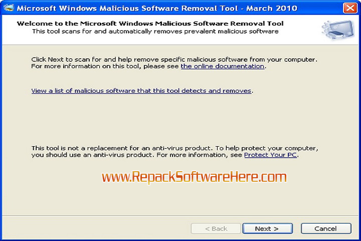 Microsoft Malicious Software Removal Tool 5.134 Interface