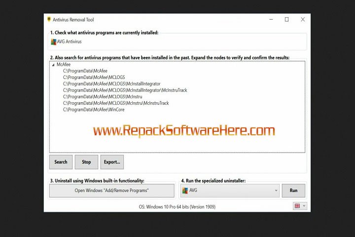 Antivirus Removal Tool interface
