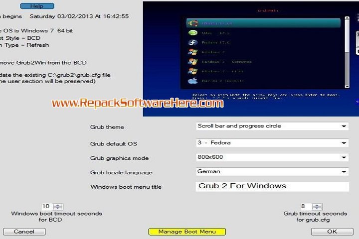 Grub2Win Boot Configuration Screen